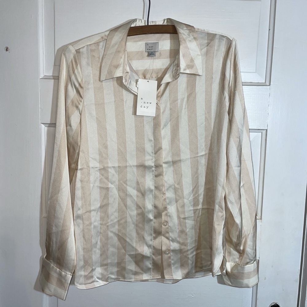 A New Day Size Small 100% Recycled Polyester Striped Silk Like Long Sleeve Shirt